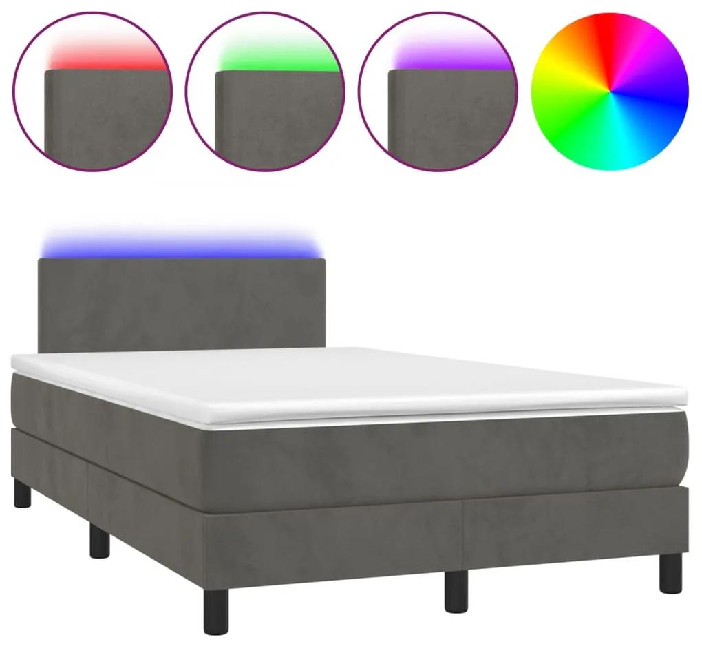 vidaXL Κρεβάτι Boxspring με Στρώμα & LED Σκ. Γκρι 120x200εκ. Βελούδινο