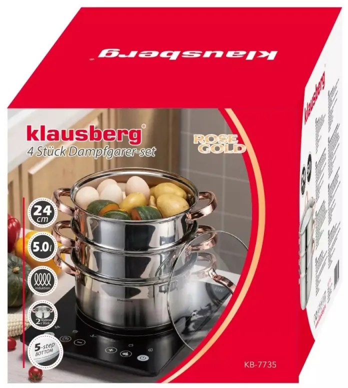 Ατμομάγειρας Klausberg KB 7735, 24 cm, 5 λίτρα, 4 τεμάχια, επαγωγικός, Inox/ροζ χρυσό