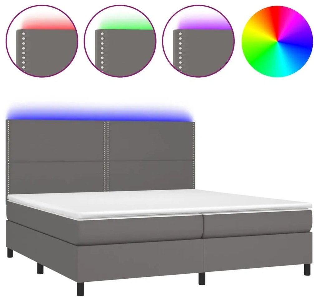 Κρεβάτι Boxspring με Στρώμα &amp; LED Γκρι 200x200 εκ. Συνθ. Δέρμα - Γκρι