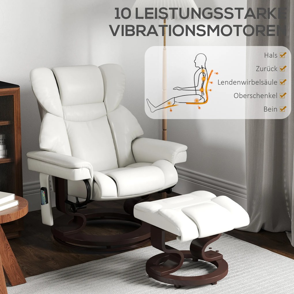 HOMCOM Πολυθρόνα Relax με λειτουργία μασάζ και υποπόδιο, πολυθρόνα ανάκλισης, συνθετικό δέρμα, 79 x 82 x 101 cm, Κρεμ λευκό