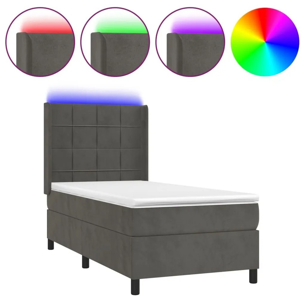 Κρεβάτι Boxspring με Στρώμα &amp; LED Σκ. Γκρι 80x200 εκ. Βελούδινο - Γκρι