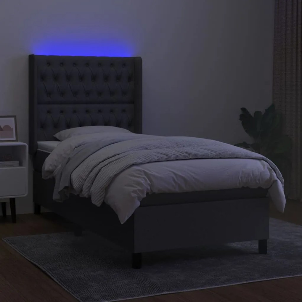 vidaXL Κρεβάτι Boxspring με Στρώμα &amp; LED Σκ.Γκρι 100x200 εκ Υφασμάτινο