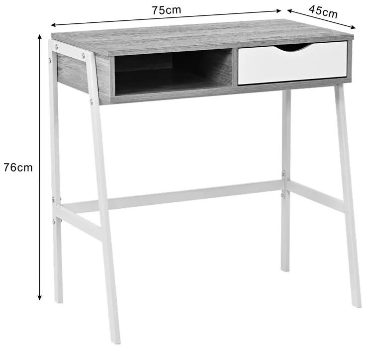 Γραφείο εργασίας Rezio με Ράφι και Συρτάρι σε Oak - Λευκό με Μεταλλικό Πόδι 75x45x76 εκ. 75x45x76 εκ.