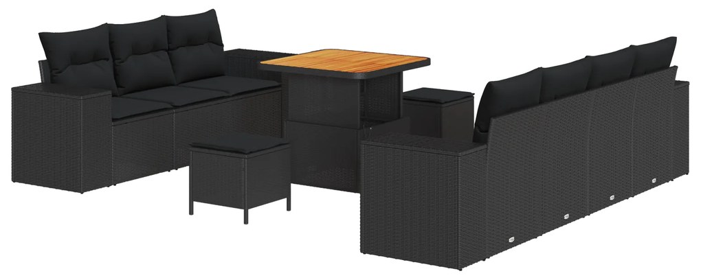 vidaXL 10 κομμάτια σετ καναπέ κήπου με μαξιλάρια Μάυρο Πολυ Ράταν Ακακία