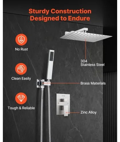 VEVOR Shower Faucet Set 12&quot; Square Rain Shower Head and Hand Set Brushed Nickel