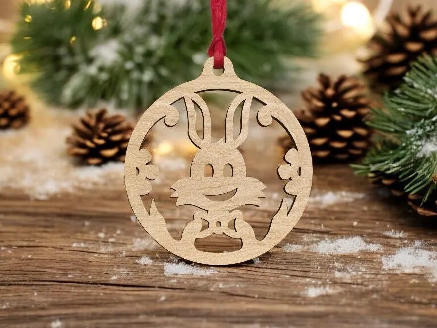 Σετ των 3 Intra απο ξύλο plywood 3mm-4mm πάχος – Χαριτωμένο λαγουδάκι Χριστουγεννιάτικο στολίδι με μπάλα 10x10 cm INTRAVECTRY-MY545048