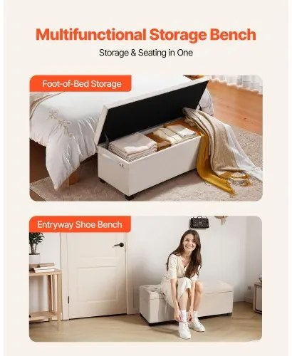 VEVOR Storage Ottoman Bench, Button-Tufted End of Bed Bench with Side Bags, Flip-up Upholstered Storage Chest with Metal Frame, Linen Bed Ottoman for Living Room, Bedroom, Entryway, Office, Beige