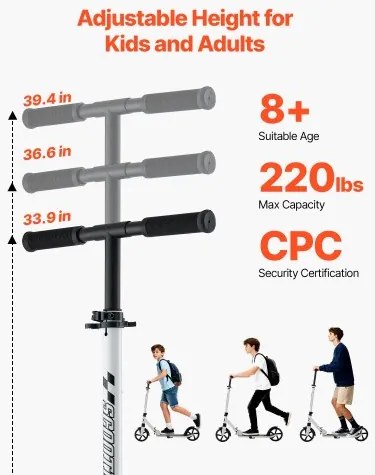 VEVOR Kick Scooter for Kids Ages 8+, Teens &amp; Adults, 2-Wheel Toddler Scooter with Adjustable Height Handlebar, Wide Anti-Slip Deck, Foldable Lightweight for Boys &amp; Girls up to 99.8 kg, White + Black