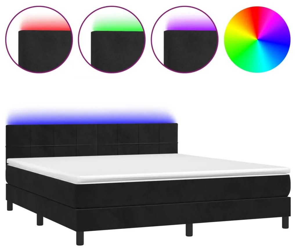 Κρεβάτι Boxspring με Στρώμα &amp; LED Μαύρο 180x200 εκ. Βελούδινο - Μαύρο