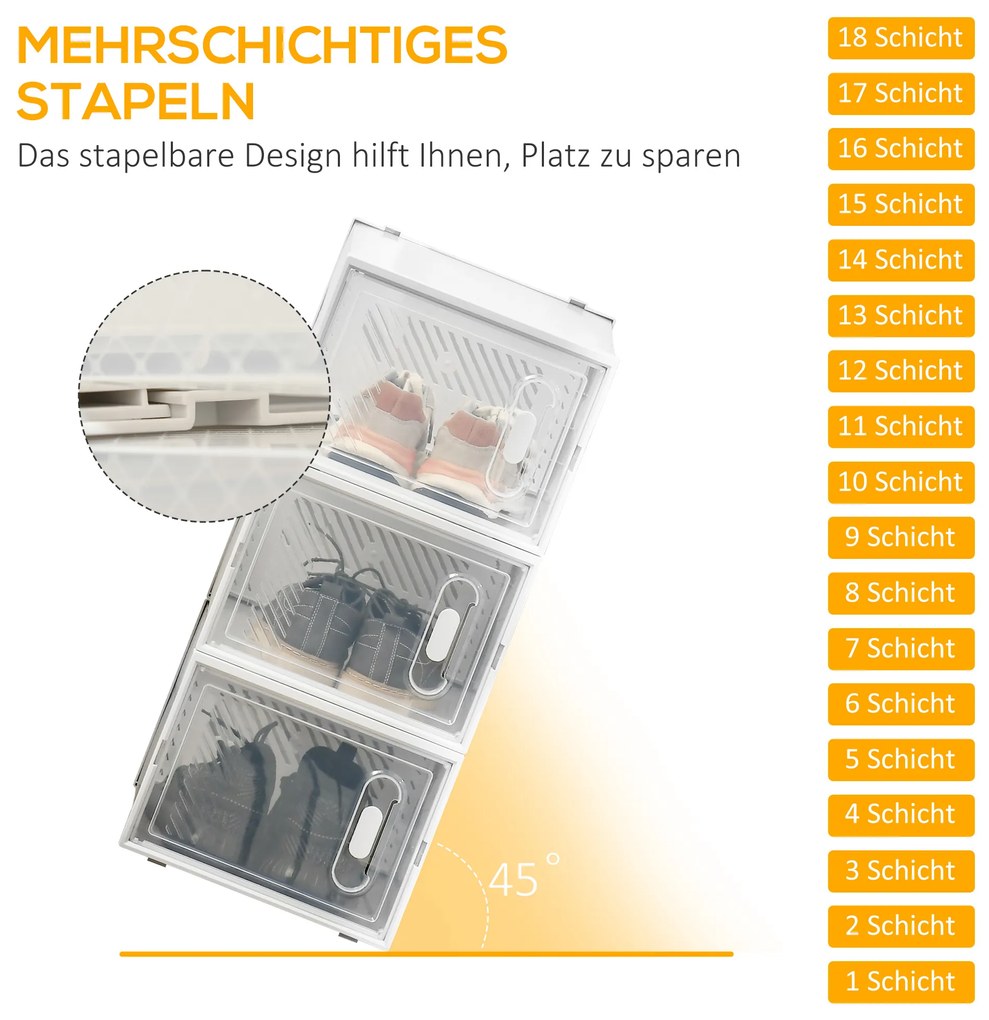 HOMCOM Σετ 18 τεμαχίων, Στοίβαξη κουτιών παπουτσιών για παπούτσια έως μέγεθος 45, Μαγνητικές πόρτες, Πλαστικό, 28 x 36 x 21 cm