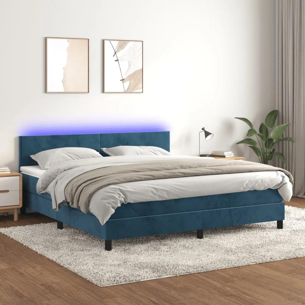 Κρεβάτι Boxspring με Στρώμα &amp; LED Σκ. Μπλε 160x200εκ. Βελούδινο