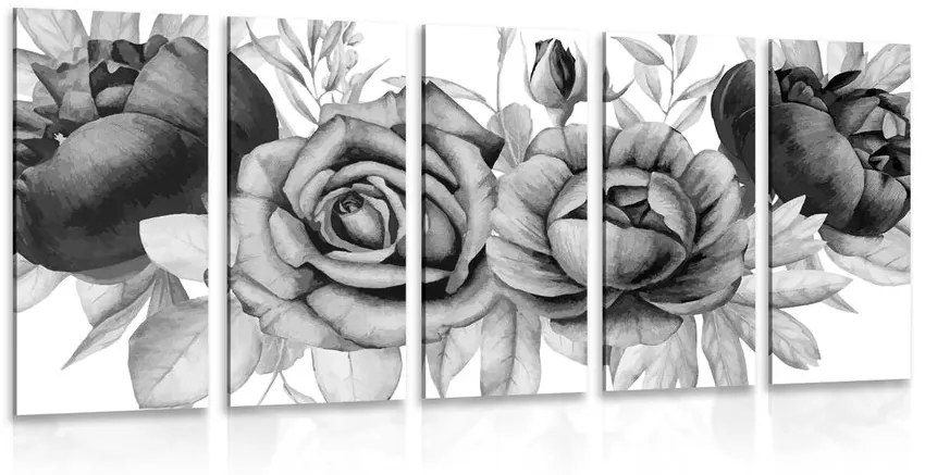 Εικόνα 5 τμημάτων γοητευτικός συνδυασμός λουλουδιών και φύλλων σε ασπρόμαυρο