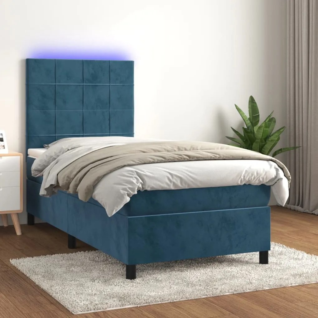 Κρεβάτι Boxspring με Στρώμα & LED Σκ. Μπλε 90x190 εκ. Βελούδινο
