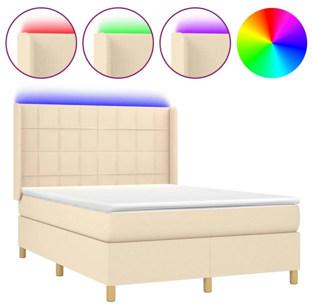 Κρεβάτι Boxspring με Στρώμα &amp; LED Κρεμ 140x190 εκ. Υφασμάτινο - Κρεμ