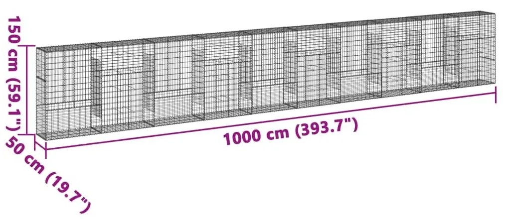 Συρματοκιβώτιο με Κάλυμμα 1000x50x150εκ από Γαλβανισμένο Χάλυβα - Ασήμι