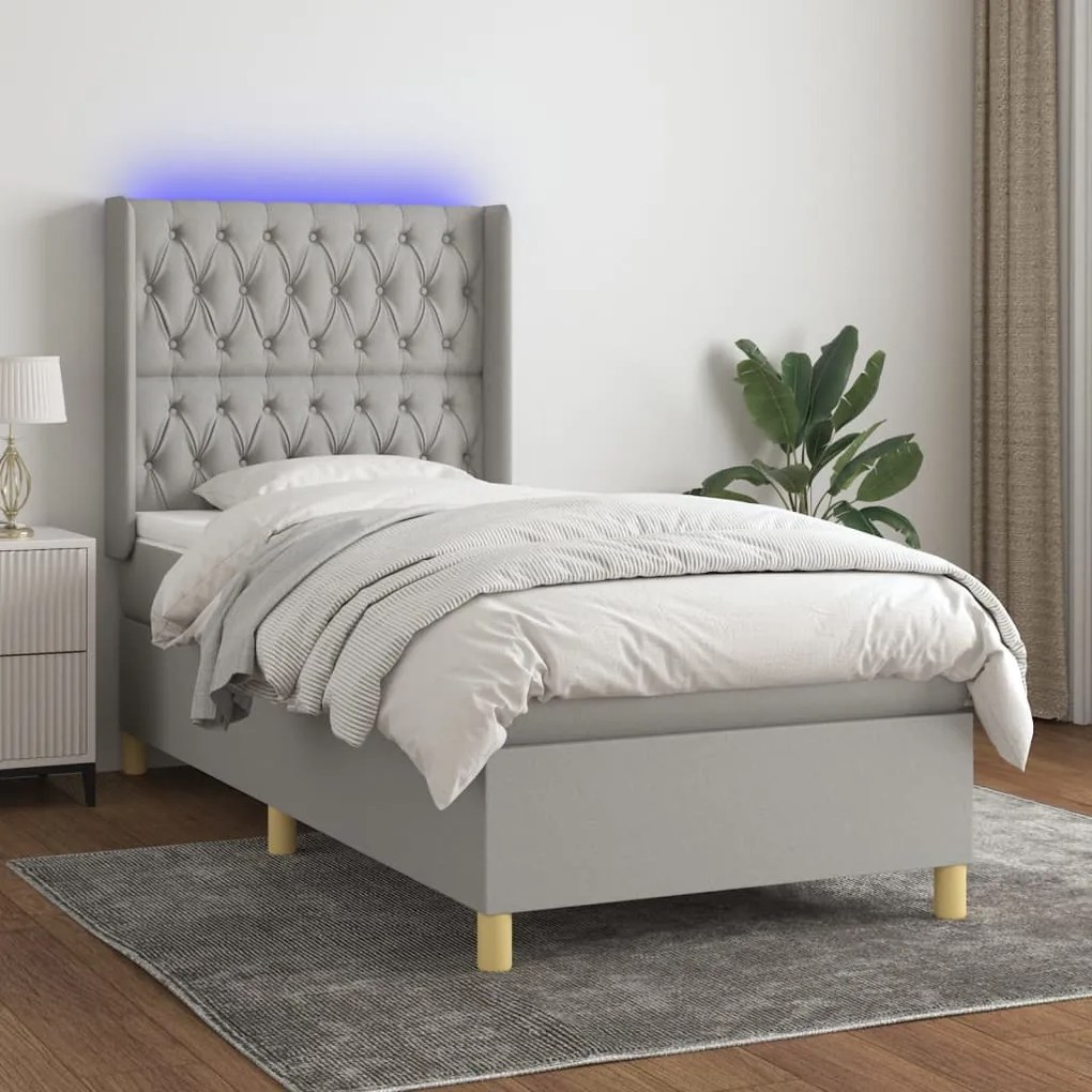 Κρεβάτι Boxspring με Στρώμα &amp; LED Αν.Γκρι 90x200 εκ. Υφασμάτινο - Γκρι