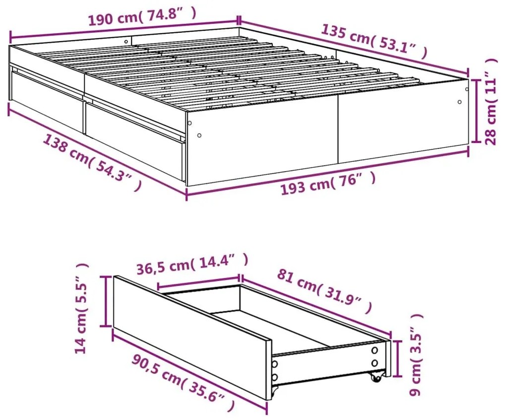 Πλαίσιο Κρεβατιού με συρτάρια Sonoma Δρυς 135x190εκ. Επεξ. Ξύλο - Καφέ