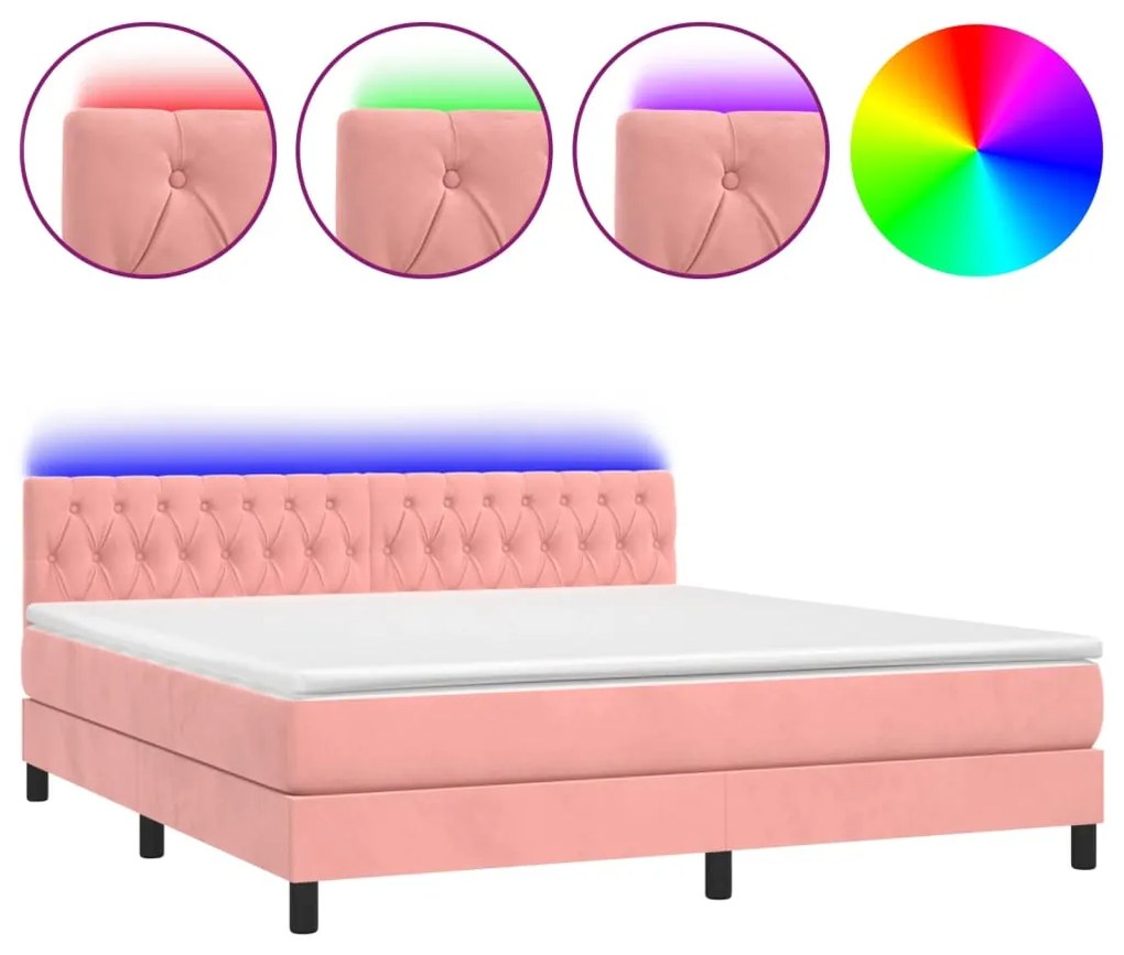 Κρεβάτι Boxspring με Στρώμα &amp; LED Ροζ 180x200 εκ. Βελούδινο - Ροζ