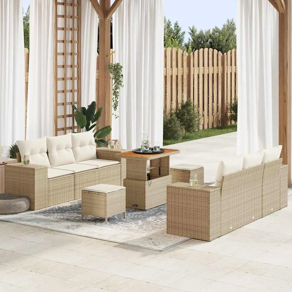 vidaXL Σετ Καναπέ Κήπου με αποθήκευση 9 pcs Μπεζ Πολυ ράταν