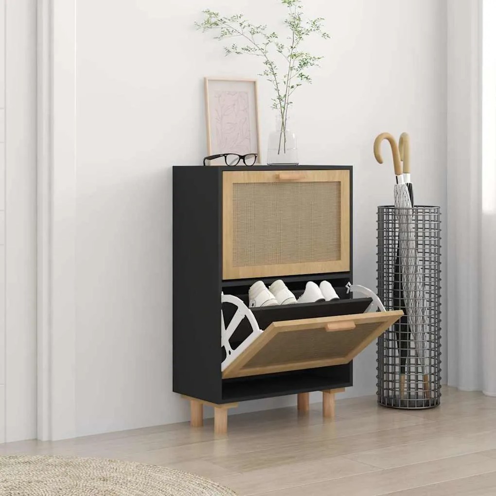 vidaXL Παπουτσοθήκη Μαύρη 52x25x80 εκ Επεξεργασμένο Ξύλο&amp;Φυσικό Ρατάν