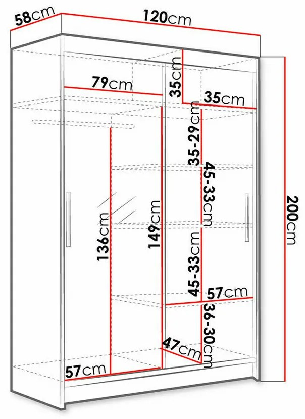 Ντουλάπα Atlanta 128, Άσπρο, 200x120x58cm, 108 kg, Πόρτες ντουλάπας: Ολίσθηση, Αριθμός ραφιών: 5, Αριθμός ραφιών: 5 | Epipla1.gr