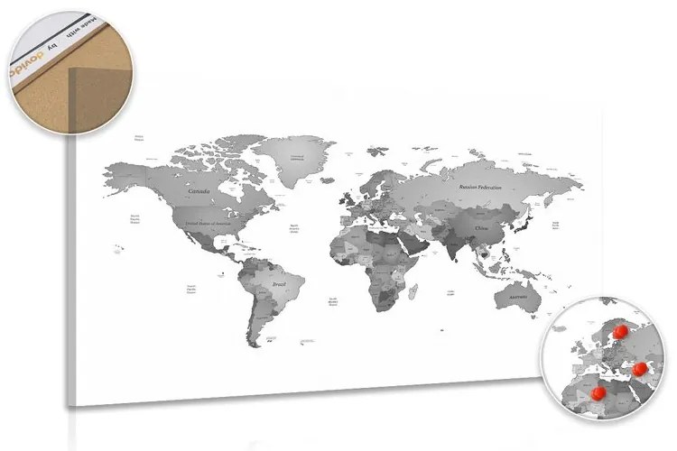 Εικόνα στον παγκόσμιο χάρτη φελλού σε ασπρόμαυρα χρώματα - 90x60  flags