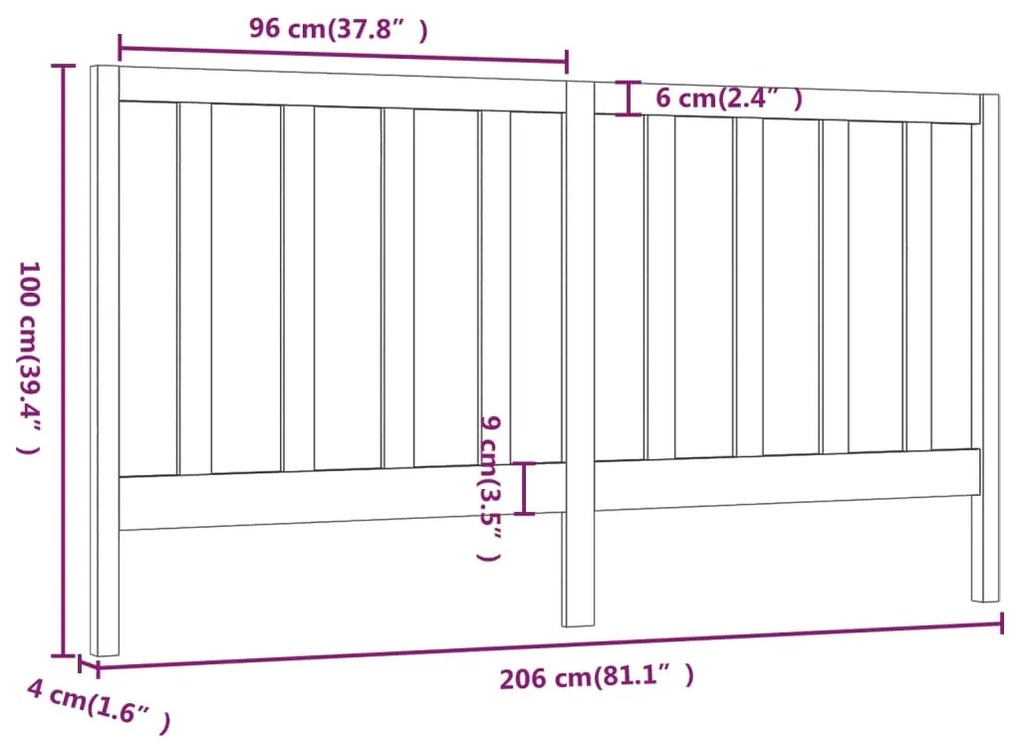 vidaXL Κεφαλάρι Κρεβατιού Μαύρο 206 x 4 x 100 εκ. Μασίφ Ξύλο Πεύκου