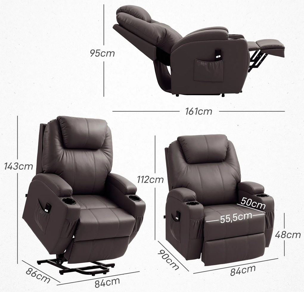 HOMCOM Πολυθρόνα Ανάκλισης, Πολυθρόνα Ανάκλισης με Βοήθεια Ανύψωσης, με Τηλεχειριστήριο, Βάση Ποτηριού, Ρυθμιζόμενη Πλάτη, Καφέ