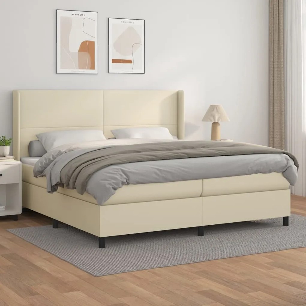 vidaXL Κρεβάτι Boxspring με Στρώμα Κρεμ 200x200 εκ. Συνθετικό Δέρμα