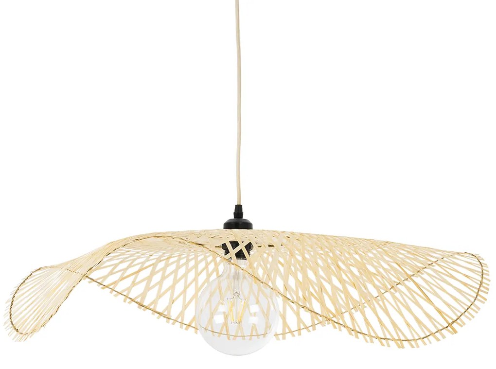 GloboStar® MELEMELE 01841 Boho Κρεμαστό Φωτιστικό Οροφής Μονόφωτο 1 x E27 AC220-240V IP20 - Φ75 x Υ10cm - Μπεζ Ξύλινο Μπαμπού Πλέγμα - 5 Χρόνια Εγγύηση