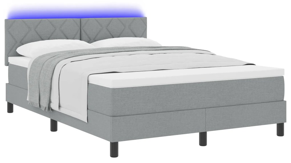 vidaXL Κρεβάτι Box Spring με Στρώμα & LED Λάιτ Γκρι 160x200 εκ Ύφασμα