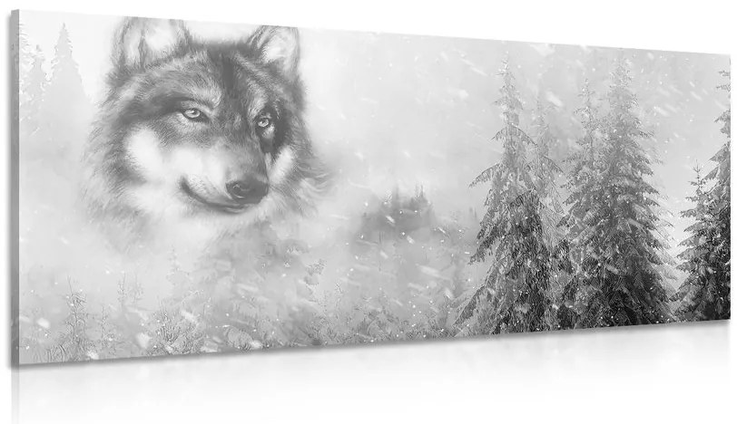 Εικόνα ενός λύκου σε ένα χιονισμένο τοπίο σε μαύρο & άσπρο