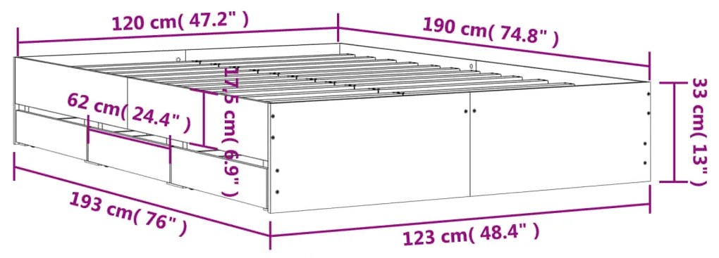 Πλαίσιο Κρεβατιού με συρτάρια Καφέ δρυς 120x190εκ.Επεξ. Ξύλο - Καφέ