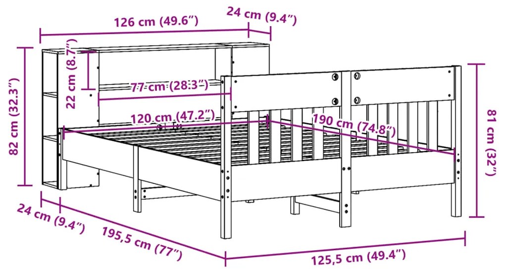 Κρεβάτι Βιβλιοθήκη Χωρίς Στρώμα 120x190 εκ Μασίφ Ξύλο Πεύκου - Καφέ