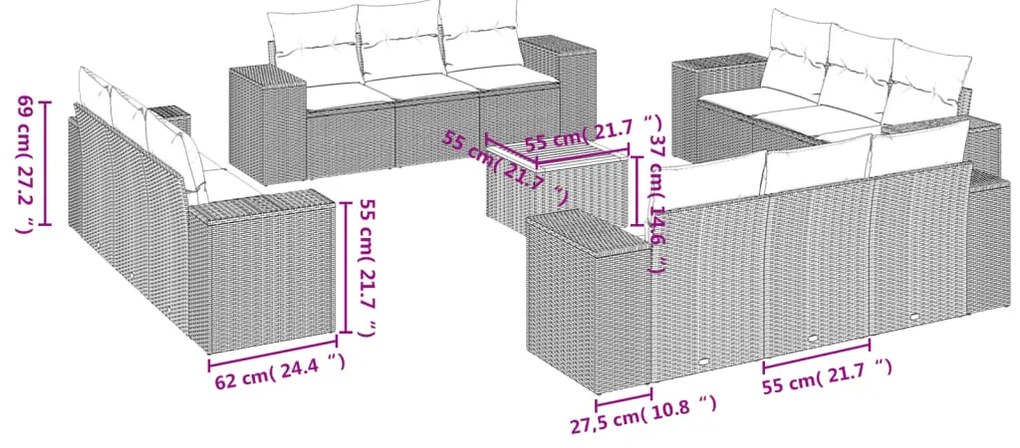 vidaXL Σαλόνι Κήπου 13 τεμ. Μαύρο από Συνθ. Ρατάν με Μαξιλάρια