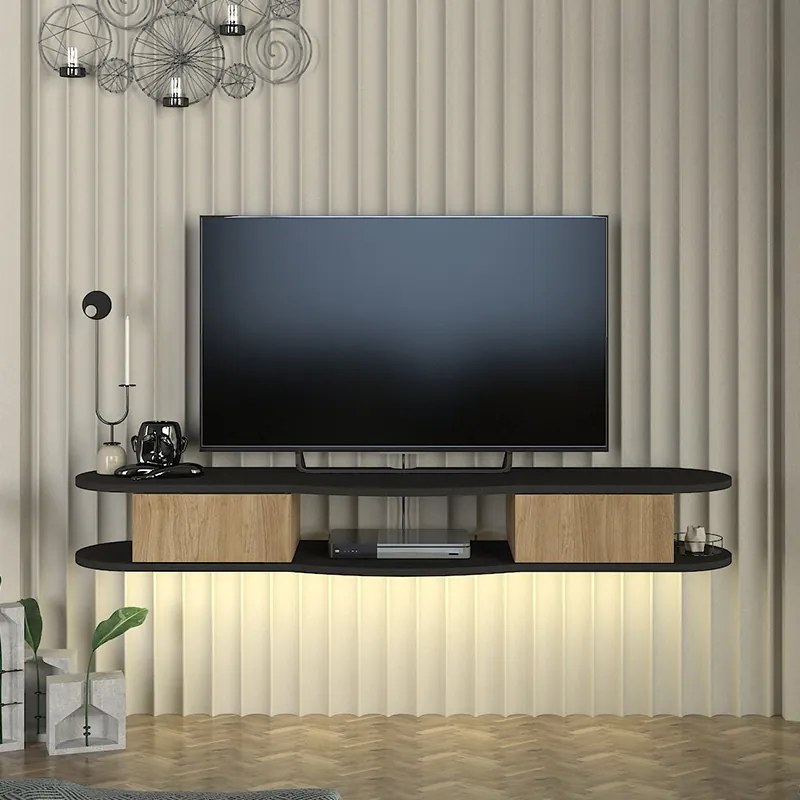 Έπιπλο τηλεόρασης επιτοίχιο Perk Megapap με LED χρώμα ανθρακί - sepet oak 150x35x19,2εκ. - GP042-0309,1