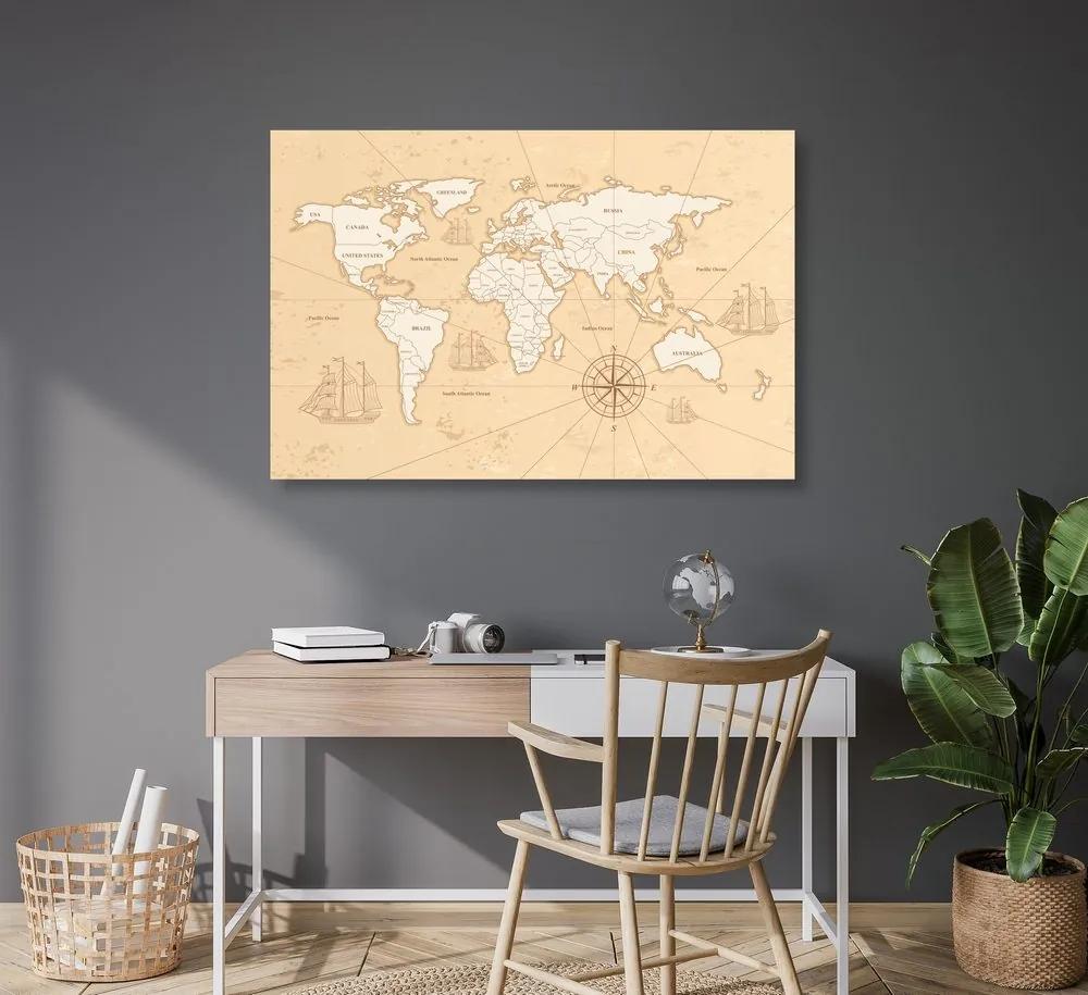Εικόνα ενός ενδιαφέροντος μπεζ παγκόσμιου χάρτη σε έναν φελλό - 120x80  wooden