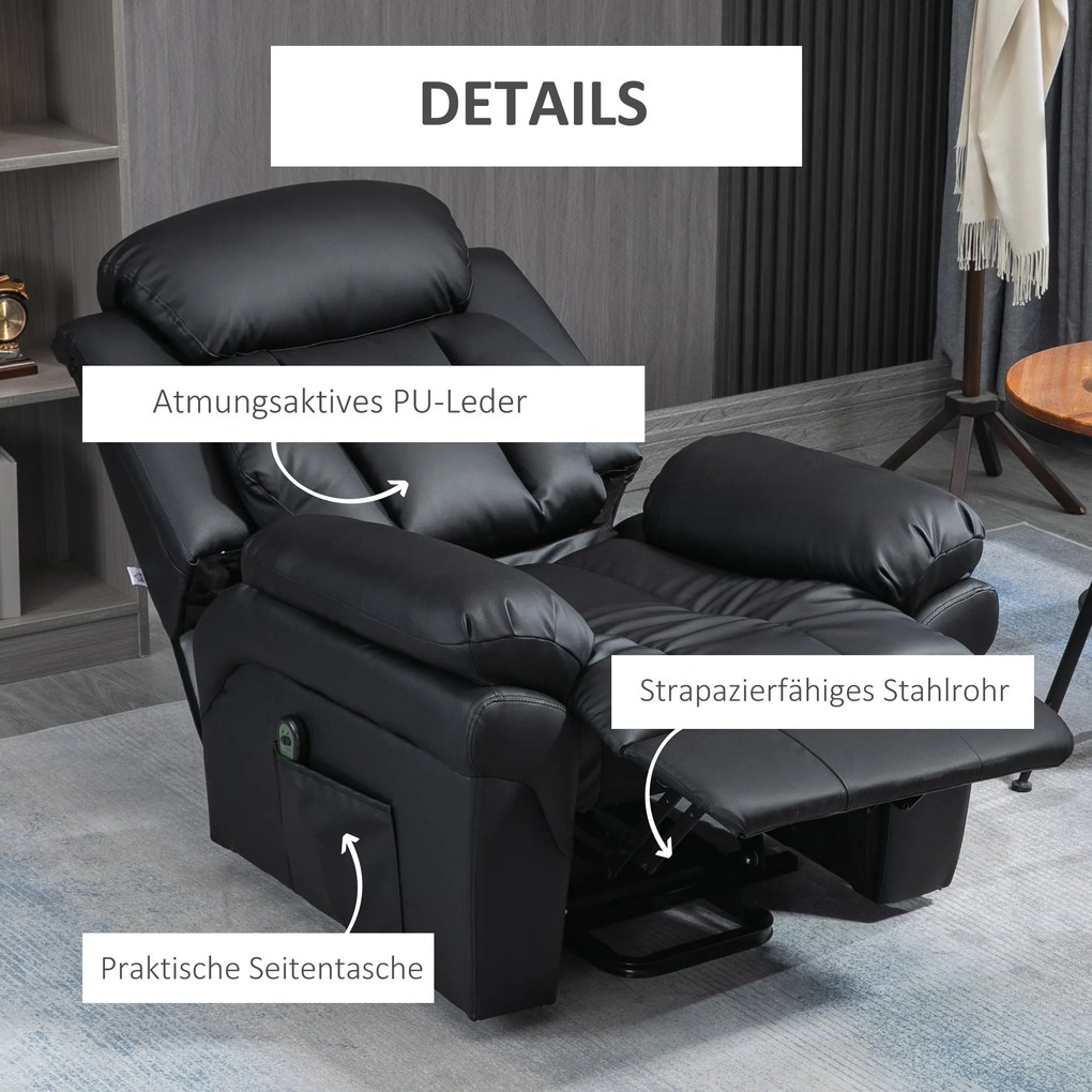 HOMCOM Πολυθρόνα Relax με Λειτουργία Ανύψωσης, Περιλαμβάνει Υποπόδιο και Προσκέφαλο, 1 Τηλεχειριστήριο, Μαύρο