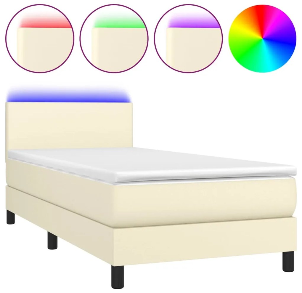Κρεβάτι Boxspring με Στρώμα & LED Κρεμ 100x200 εκ. Συνθ. Δέρμα - Κρεμ
