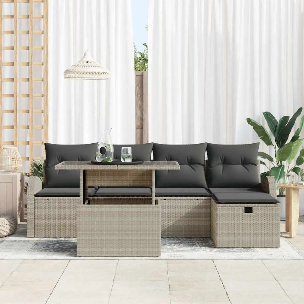vidaXL Σετ Καναπέ Κήπου με μαξιλάρι 6 pcs Ανοιχτό γκρι Πολυ ράταν
