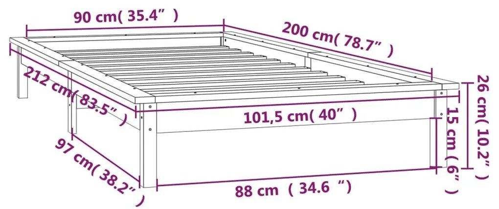 Πλαίσιο Κρεβατιού με LED 90 x 200 εκ. από Μασίφ Ξύλο - Καφέ