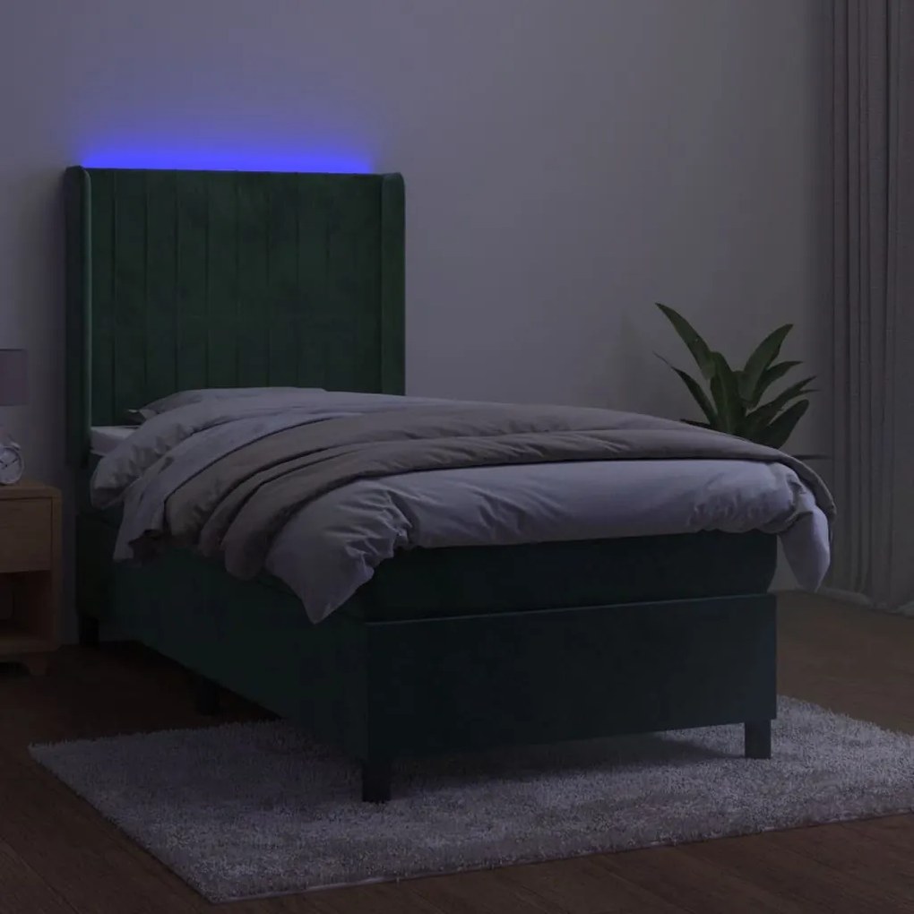 Κρεβάτι Boxspring με Στρώμα &amp; LED Σκ. Πράσινο 90x190 εκ Βελούδο - Πράσινο