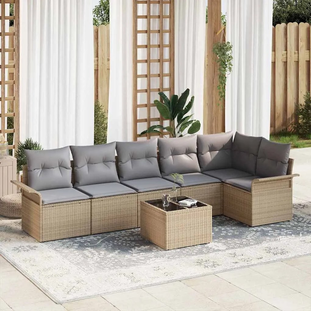 vidaXL Σετ Καναπέ Κήπου με μαξιλάρι 7 pcs Μπεζ Πολυ ράταν
