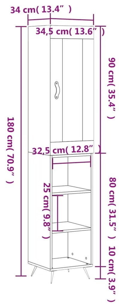 Ντουλάπι Γυαλ. Λευκό 34,5 x 34 x 180 εκ. από Επεξεργασμένο Ξύλο - Λευκό