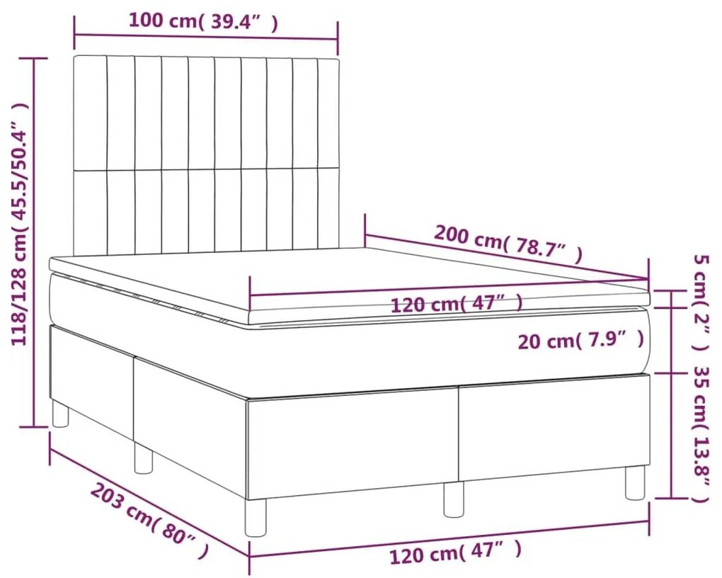 Κρεβάτι Boxspring με Στρώμα &amp; LED Σκ.Γκρι 120x200 εκ Υφασμάτινο - Γκρι