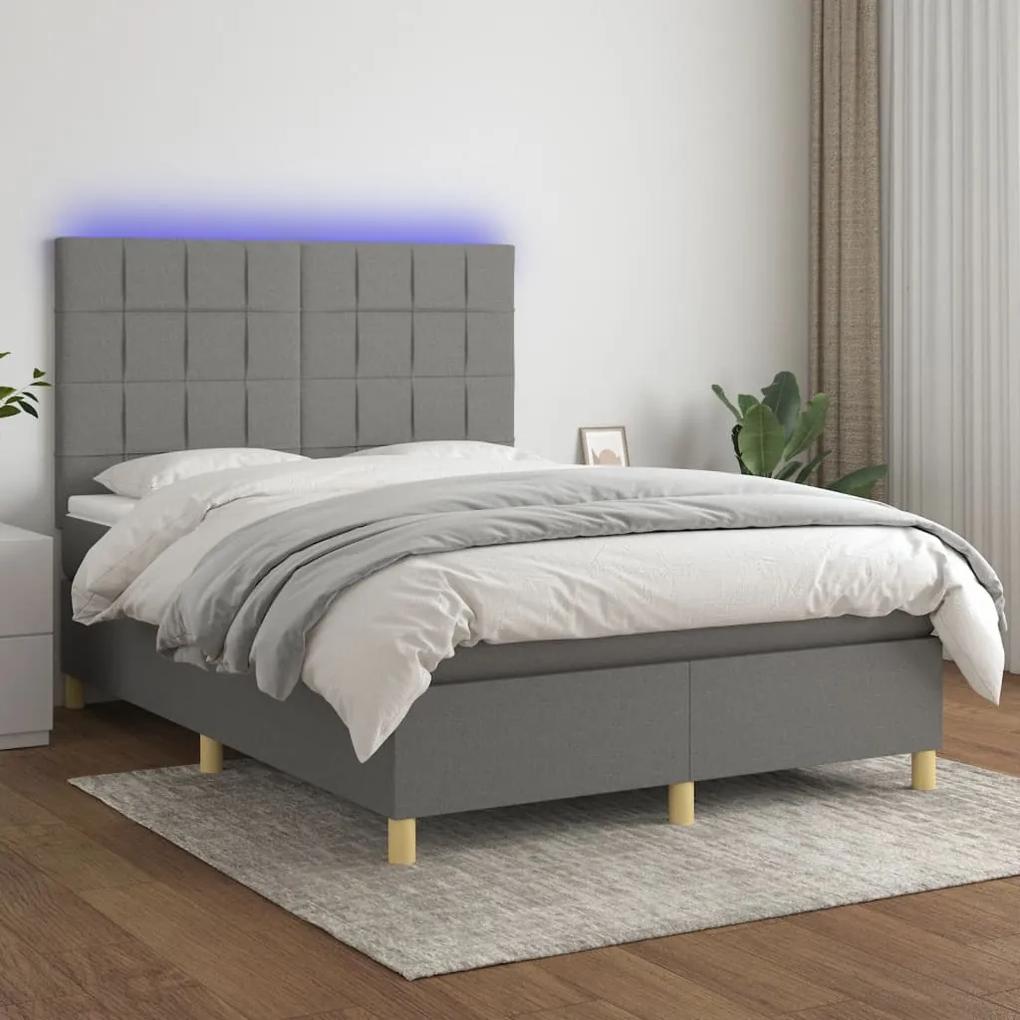 3135430 vidaXL Κρεβάτι Boxspring με Στρώμα &amp; LED Σκ.Γκρι 140x190εκ. Υφασμάτινο Γκρι, 1 Τεμάχιο