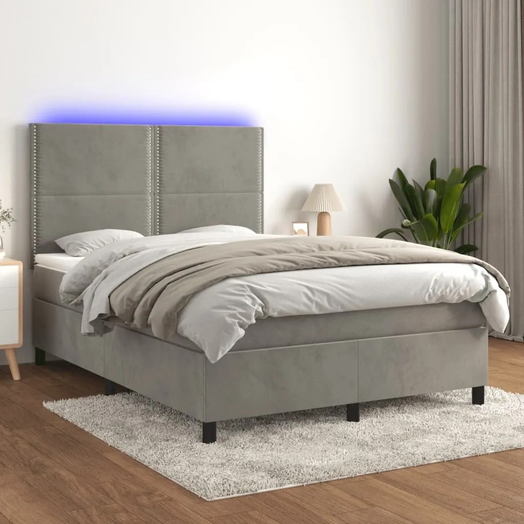 Κρεβάτι Boxspring με Στρώμα &amp; LED Αν.Γκρι 140x200 εκ. Βελούδινο