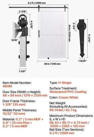 VEVOR Sliding Barn Door with Hardware Kit 1219 x 2134mm MDF Panel PVC Surface