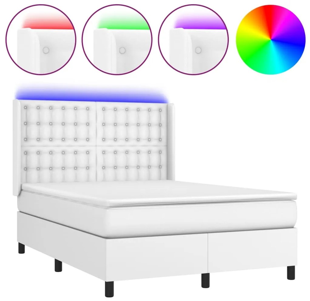 vidaXL Κρεβάτι Boxspring με Στρώμα & LED Λευκό 140x190 εκ. Συνθ. Δέρμα