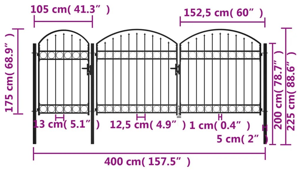 vidaXL Καγκελόπορτα με Αψιδωτή Κορυφή Μαύρη 2,25 x 4 μ. Ατσάλινη